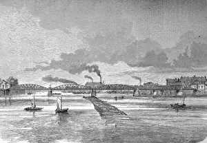 Bridge over the Weser near Bremen in 1885, Germany, Historic, digitally restored reproduction of an original 19th century painting, exact original date unknown