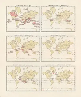 Colonialism Prints: British, Dutch, French, Spanish, Portuguese, Italian, Danish colonies, lithograph, 1897