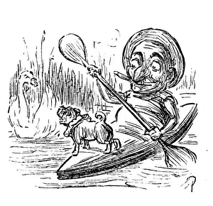 British London Satire Caricatures Comics Cartoon Illustration Prints: British London satire caricatures comics cartoon illustrations: Man with canoe, dog