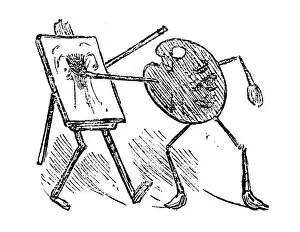 British London satire caricatures comics cartoon illustrations: Palette and canvas fight