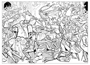 British London Satire Caricatures Comics Cartoon Illustration Prints: British London satire caricatures comics cartoon illustrations: Politicians fighting