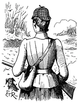British London satire caricatures comics cartoon illustrations: Woman hunter back
