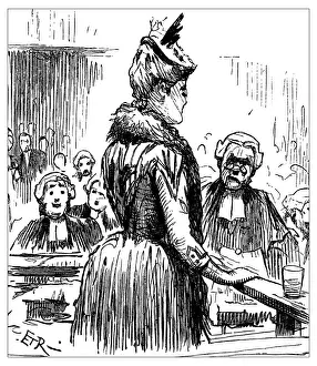 British London satire caricatures comics cartoon illustrations: Woman trial