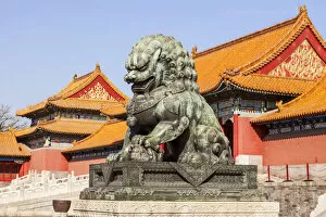 Images Dated 7th September 2016: A bronze lioness guarding the eastern approach to the Gate of Supreme Harmony in the Forbidden City, Beijing