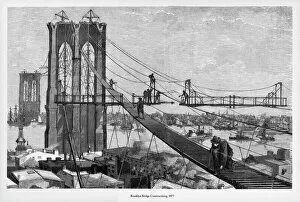 Brooklyn Bridge Collection: Brooklyn Bridge Construction Victorian Engraving, 1877