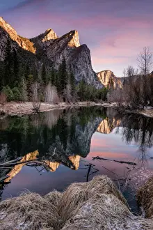 California Prints: Three Brothers Mountain in Yosemite National Park at Sunrise Reflected in the Merced