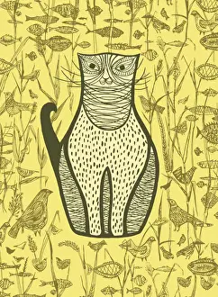 Ilustratio Prints: Brown Cat; Fish; Birds