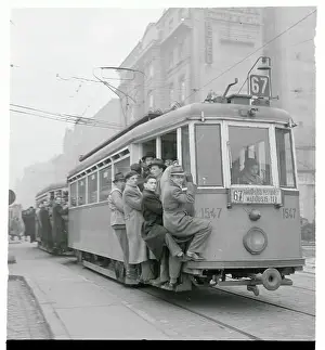 Budapest Prints: Budapest Workers Clinging on to Tram 1955