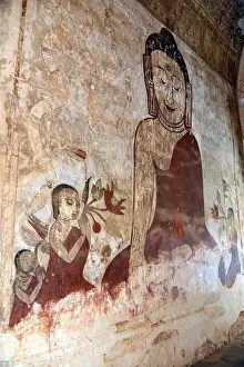 Terracotta Prints: Buddha engrarving Su La Ma Ni Pahto terracotta Temple, Bagan, unesco ruins Myanmar. Asia