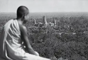 Angkor Prints: Buddhist Monk Viewing Ancient Ruins of Angkor Vat