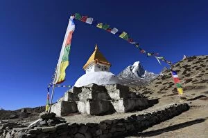 Images Dated 19th November 2014: Buddhist Stupa with Prayer flags, Dingboche