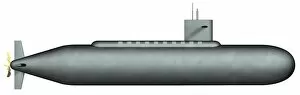 Bulky grey submarine with propeller at back