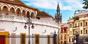 Bullring Stadium and Giralda Spire Bell Tower of Seville Cathedral, Seville, Andalusia, Spain