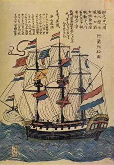 1930s Prints: A Bunkindo Colour-Print of a Dutch Ship with descriptive text, c1800, (1936)