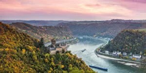 Hesse Gallery: Burg Katz castle and romantic Rhine in autumn at sunset, Germany