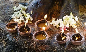 Burning candles in clay pots, Brahadhiswara Temple, Thanjavur, Tamil Nadu, India