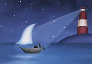 Businessman Prints: Businessman Sitting on a Boat at Sea Illuminated by a Lighthouse