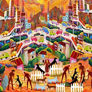 Prints of People, dogs, houses, highways, cars, skyscrapers and mountains in this busy folk style illustration of a warm desert city in rich summer shades of orange, brown and white highlights Quirky Art Illustration Prints: Busy rustic city scene in fantasy desert landscape digital painting illustration