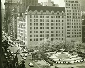 Past Gallery: Busy street at Plaza Hotel, New York City, (B&W), (Elevated view)