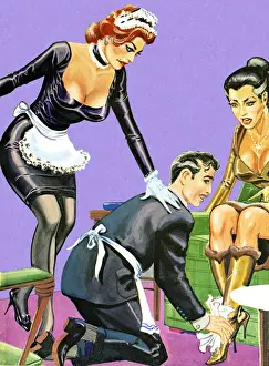 Service Prints: Butler and Maid Helping Woman