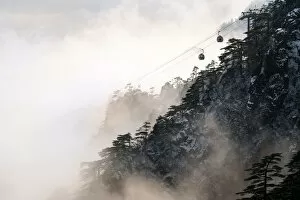 Cable Car Collection: Cable car on Huangshan mountain in foggy day