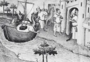 Prints of (Original Caption). Age Of Exploration: Arrival of exotic animal in a Medieval harbor town. Miniature picture from a rare manuscript in the National Library of Paris, middle of 15th Century Timeless Visions: Icons of Art and History: Camels Arriving in a New Land