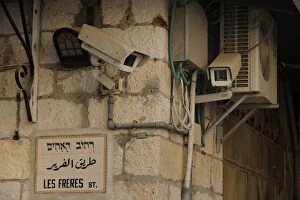 Quarter Gallery: Camera surveillance with street names in the Christian Quarter in the Old City, Jerusalem, Israel