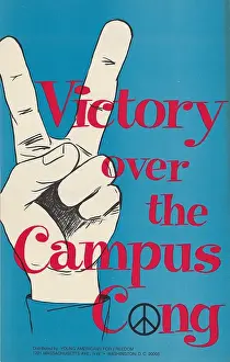 Prints of Red, white, and blue poster or broadside, with the anti-war message Victory Over The Campus Cong, a hand making a peace gesture, and a peace symbol to represent the o in Cong Vietnam War Prints: Campus Cong Victory Poster