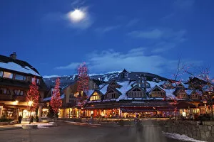Canada, British Columbia, moon over Whistler Village at dusk