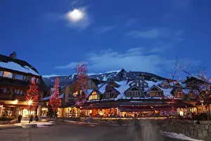 Canada Prints: Canada, British Columbia, moon over Whistler Village at dusk