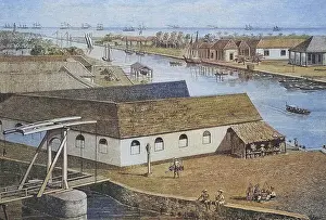 Canal and harbour of Batavia, today Djakarta, Jakarta, Indonesia, around 1885, Historical, digitally restored reproduction from a 19th century original, Canal and harbour of Batavia, today Djakarta, Indonesia, around 1885, Historical