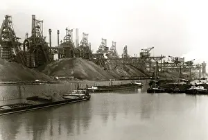 Mill Prints: Canal W/Barges &Industrial Complex Bkgrd