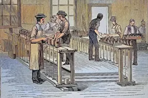 Canning factory of Thurber & Co in Moorestown, c. 1880, New Jersey, USA, here closing the cans, Historic, digitally restored reproduction of a 19th century original