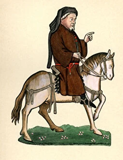 Pilgrim Collection: Canterbury Tales - Geoffrey Chaucer as a pilgrim on horseback