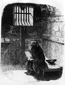 Prints of circa 1838: Fagin sits alone in the condemned cell after his capture by the police in Charles Dickens Oliver Twist. Original Artwork: Engraving by George Cruikshank A Master Illustrator’s Satirical Vision of 19th-Century Britain: Captured At Last