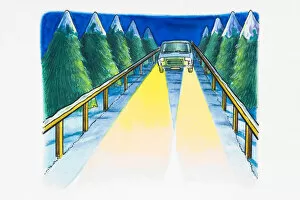 Railing Collection: Car with bright headlights on driving along snow-covered road lined with trees