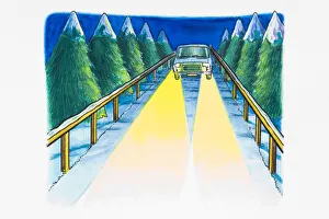 Railing Collection: Car with bright headlights on driving along snow-covered road lined with trees