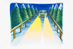 Roadside Prints: Car with bright headlights on driving along snow-covered road lined with trees