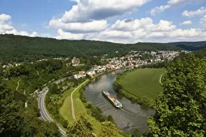 Images Dated 11th July 2011: Cargo ship with containers on the Neckar, Neckarsteinach, Mittelburg Castle, Vierburgeneck