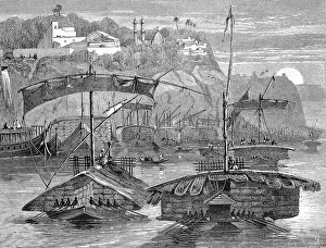 Cargo ships, cotton, convoy with cotton cargo sailing down the Ganges, 1869, India, Historic, digitally restored reproduction of an original 19th century artwork, exact original date unknown