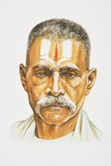 Face Painting Prints: The Caribbeans, head of Asian man with grey moustache and forehead painted with red and white stripes