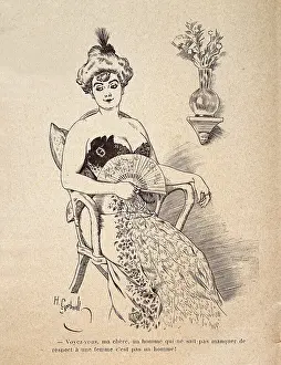 Belle Epoque Prints: Caricature of beautiful woman holding fan in a low cut dress, 1890s 19th Century