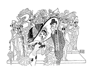 Prints of Caricature (by Al Hirschfeld) of English actors Audrey Hepburn (fore left) and Rex Harrison (fore right_, 1964) Elegance Personified – A Classic Art Print Collection: Caricature Of The Cast Of My Fair Lady