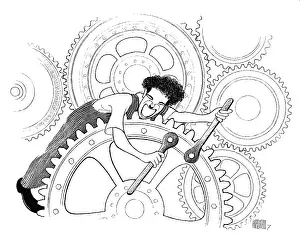 Prints of Caricature (by Al Hirschfeld) of British actor Charlie Chaplin, 1992. He is depicted in costume from the film Modern Times, holding a pair of wrenches and leaning over an oversized cog Master of Mime, Icon of Cinema: Chaplin in Prints: Caricature Of Charlie Chaplin
