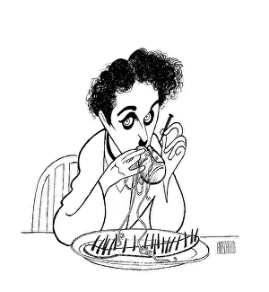 Prints of Caricature (by Al Hirschfeld) of British actor Charlie Chaplin, 1989. He is depicted in costume from the film The Gold Rush. (Photo by The Al Hirschfeld Foundation/Getty Images) Master of Mime, Icon of Cinema: Chaplin in Prints: Caricature Of Charlie Chaplin