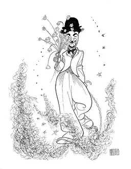 Prints of Caricature (by Al Hirschfeld) of British actor Charlie Chaplin, 1975. He is depicted in costume as his character, the Little Tramp. (Photo by The Al Hirschfeld Foundation/Getty Images) Master of Mime, Icon of Cinema: Chaplin in Prints: Caricature Of Charlie Chaplin