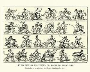 Caricature of early cyclists, history of cycling early 19th Century