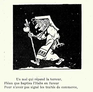 Caricature of an old woman spreading the flu, Vintage French cartoon, Parisians sick with the flu, Les Parisiens Malades De La Grippe, 1890s 19th Century