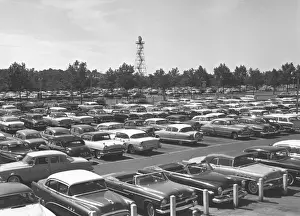 Car Park Prints: Cars in car park, (B&W), elevated view