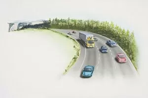 Cars and lorry driving along three-lane motorway cutting through countryside